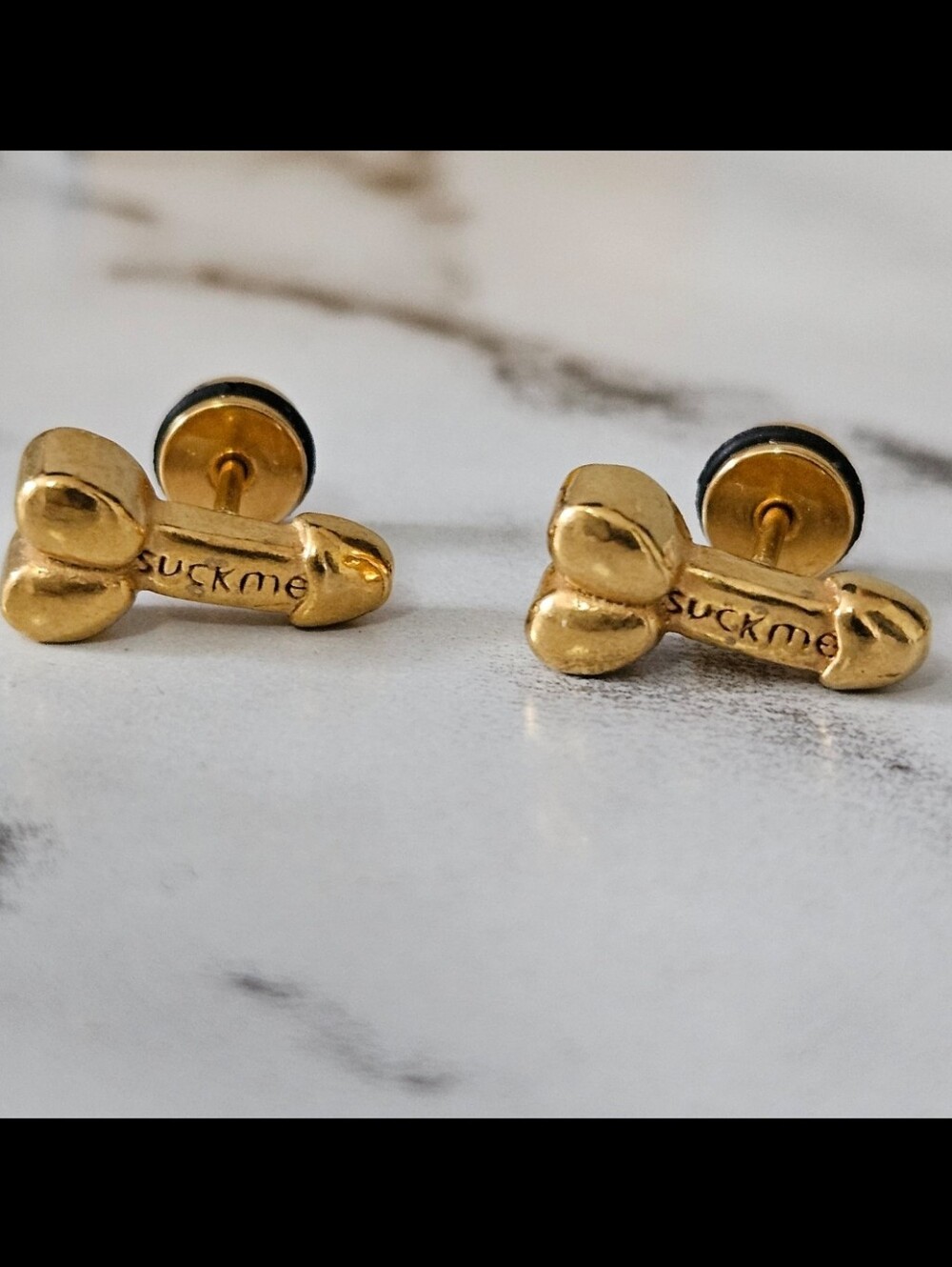 Mini Naughty Phallus "SUCK ME" Gold-Tone Stud Earrings w/Screw-On Backings